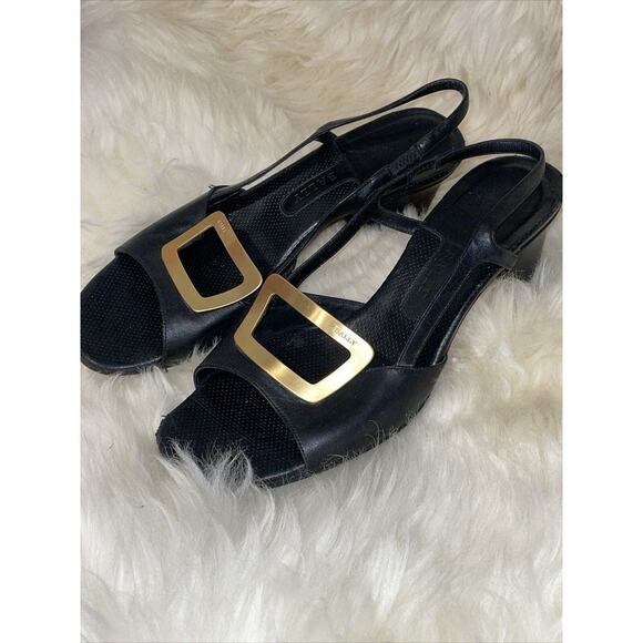 Bally Black 2.5‎ in Block Heel Sandal's With Gold Tone Accents Women's Size 6 - Picture 1 of 4